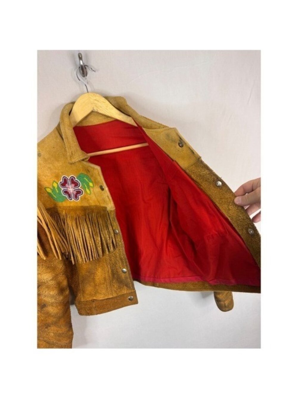 Vintage Buckskin Western Beaded Fringe Jacket Leather Floral Native Crop Women S - Picture 10 of 16